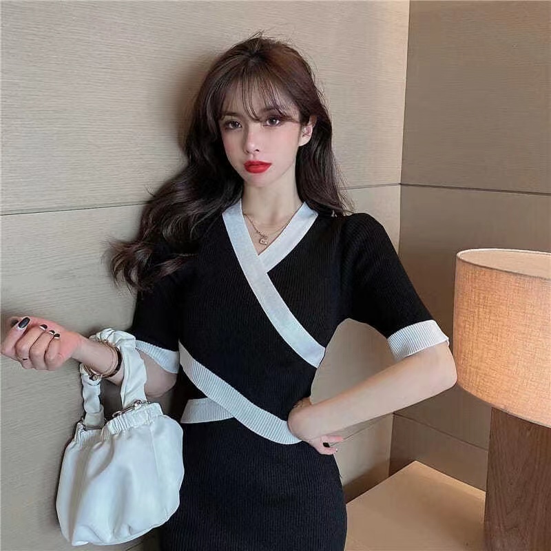 Đầm dệt kim SUXI cổ chữ V tay ngắn màu sắc đơn giản thời trang mùa hè dành cho nữ