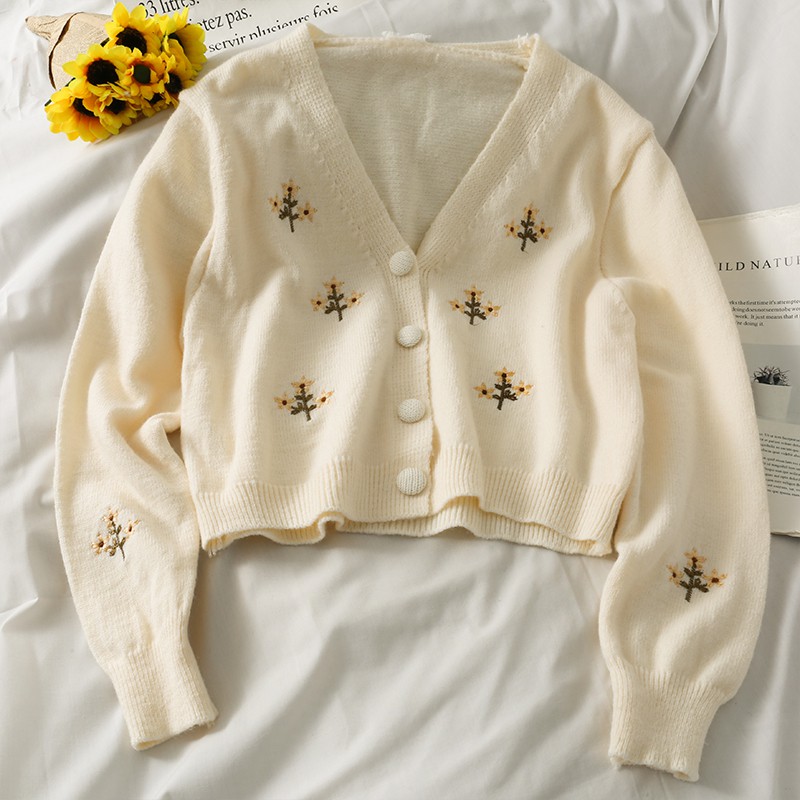 Áo Khoác Len Cardigan Dáng Ngắn Thêu Hoa Hàng Quảng Châu