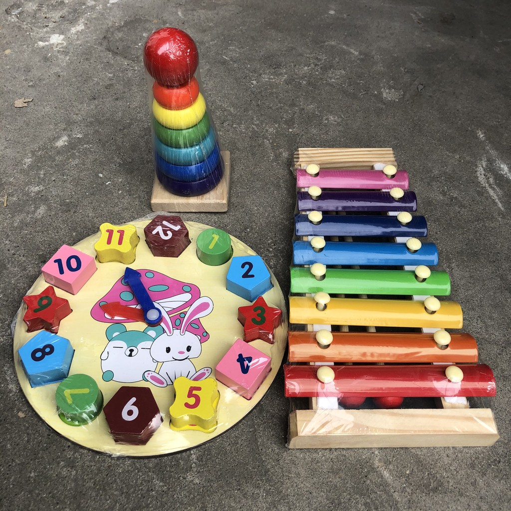 Giáo Cụ Montessori 3 Món Bằng Gỗ: Đàn Xylophone 8 Thanh - Tháp Xếp Chồng Gỗ- Đồng Hồ Hình Khối