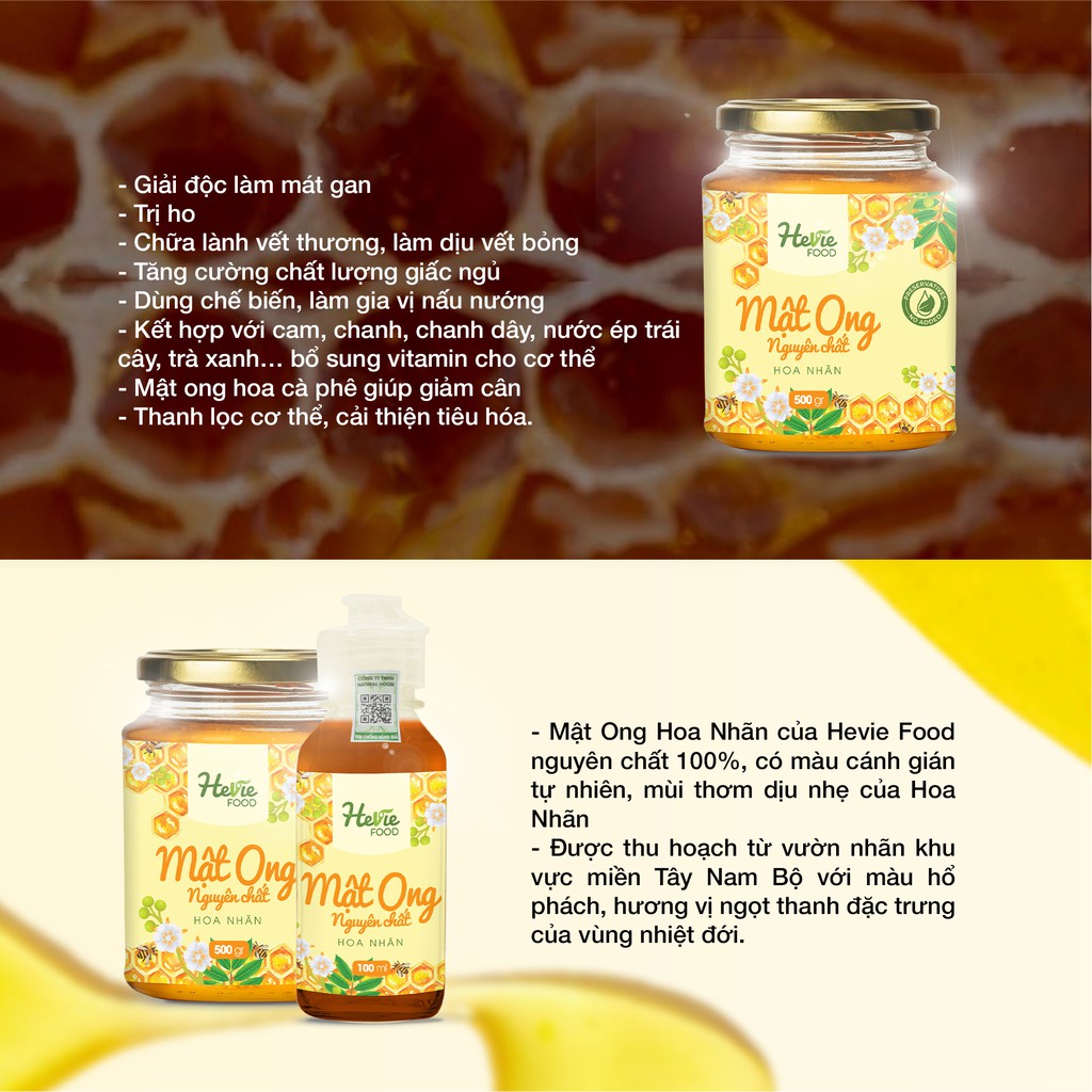 Combo mật ong Hoa Nhãn nguyên chất xuất khẩu 60 gram và viên tinh bột nghệ mật ong 60 gram Heviefood
