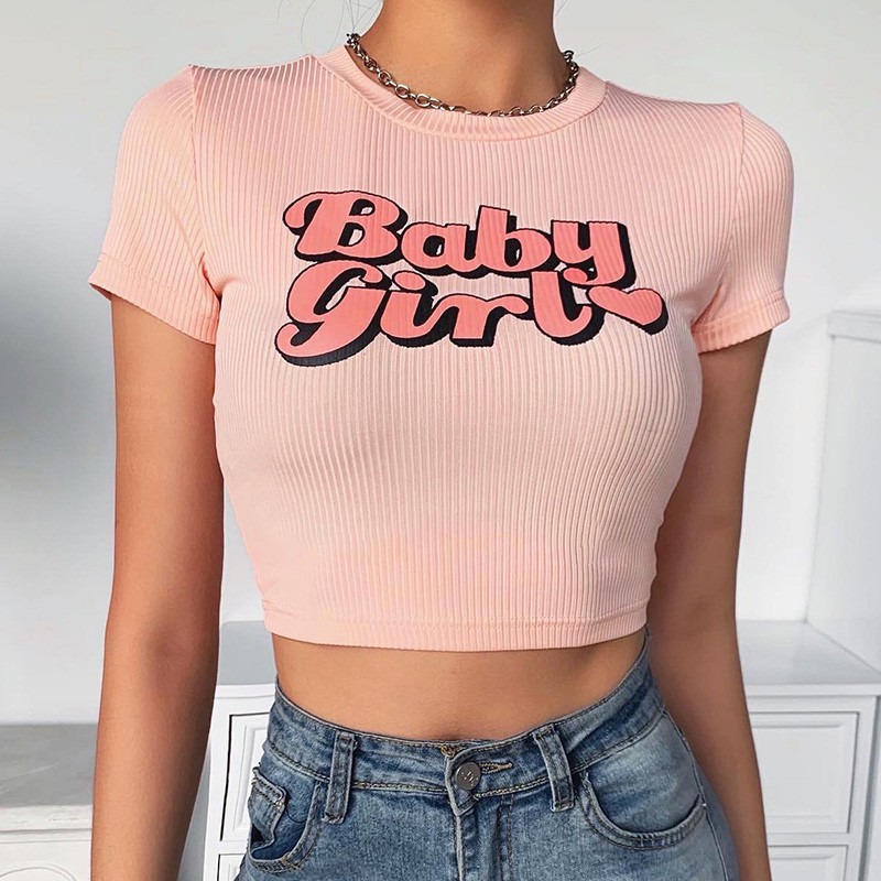 Letter print top women's European and American style women's all-match fashion slim fit slimming short navel-exposed sim