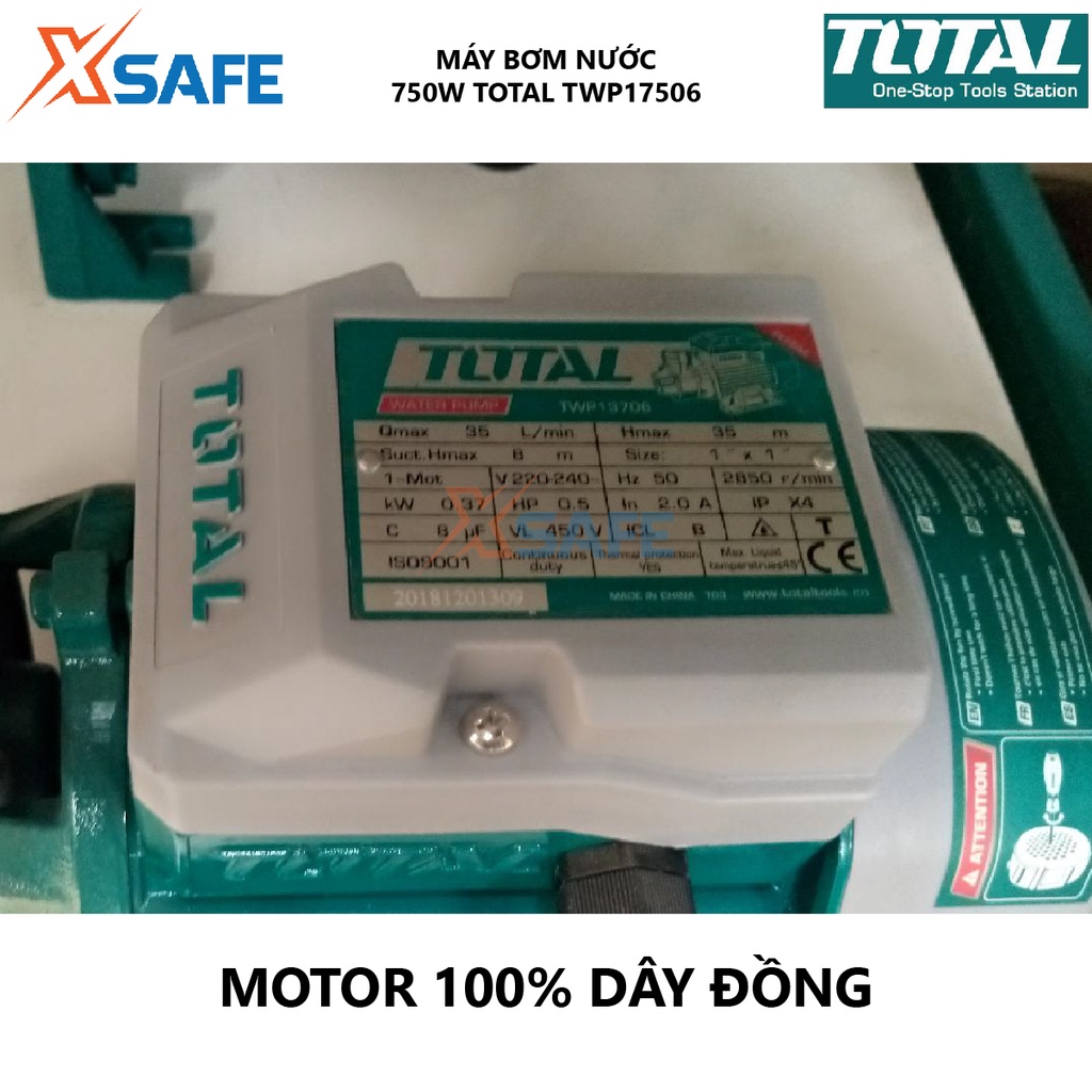 Máy bơm nước TOTAL TWP17506 Máy bơm công suất 750W(1HP), mô tơ dây đồng, chiều dài dây cáp 0.15m - Chính hãng [XSAFE]