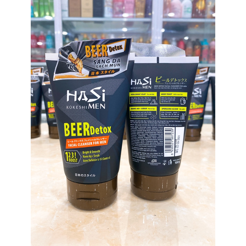 Sữa Rửa Mặt Nam Hasi Kokeshi Sạch Sâu Sáng Da Beer Detox Facial Cleanser For Men 100g