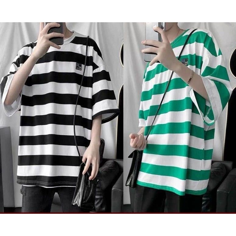 Áo Thun Ngắn Tay Form Rộng Họa Tiết Sọc Ngang Phong Cách Hàn Quốc Dành Cho Nam