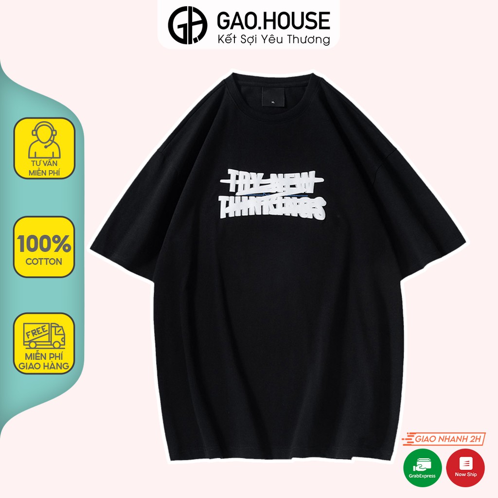 [Mã BMLT35] Áo thun nam nữ cộc tay Gạo House cotton màu đen chữ Try new thinkings gạch dáng oversize V226