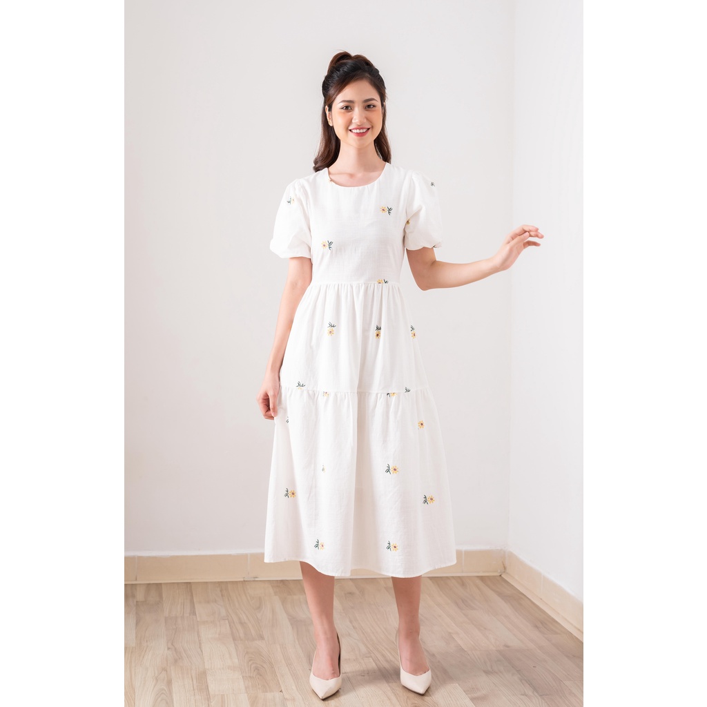 Váy babydoll hoa nhí tay bồng, Đầm nữ vintage Hàn Quốc ( hoa vàng, hoa hồng)