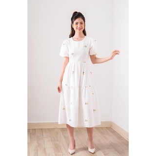 Váy babydoll hoa nhí tay bồng, Đầm nữ vintage Hàn Quốc ( hoa vàng, hoa hồng)