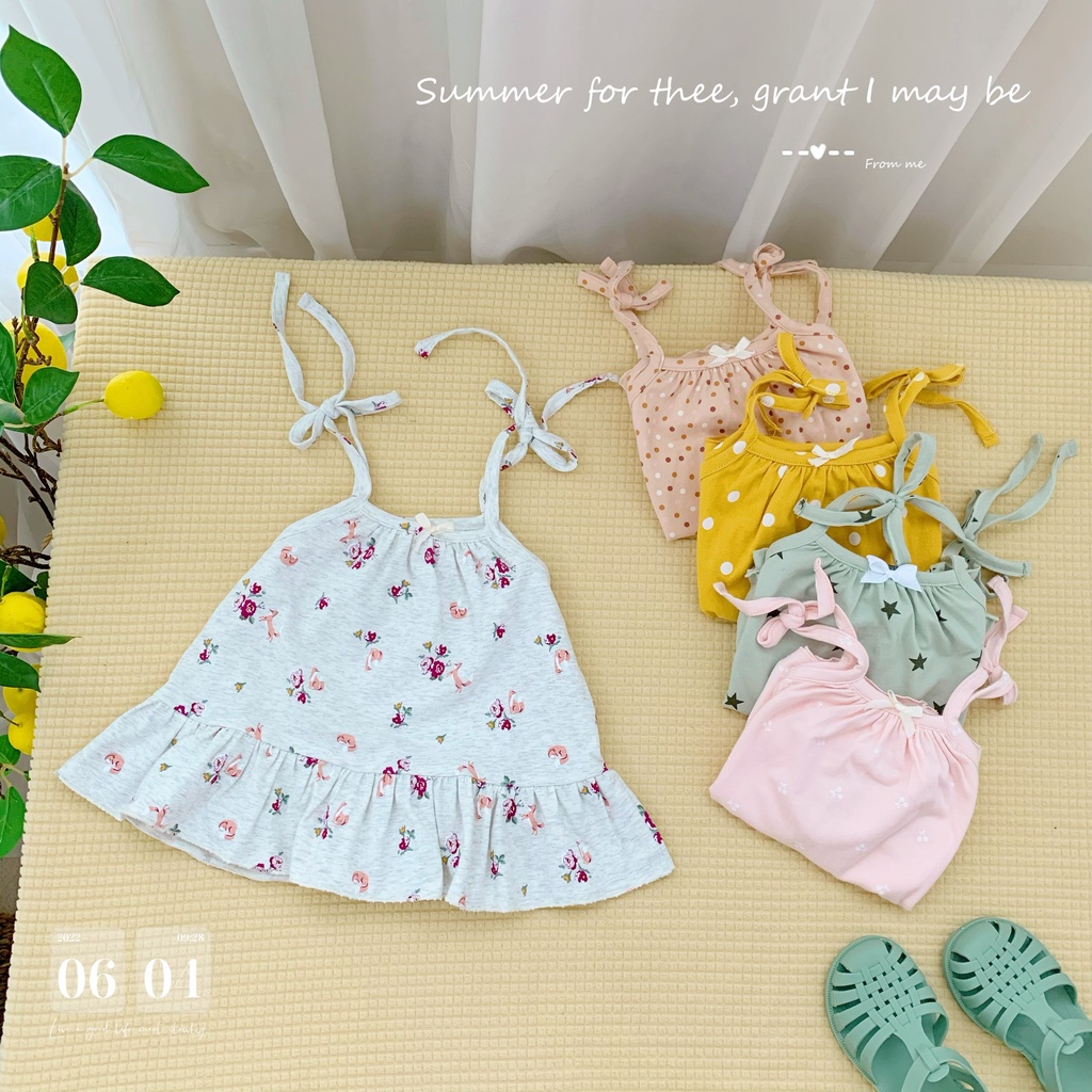 Bộ cotton hai dây xinh xắn cho bé, bộ thun hoạ tiết dễ thương cho bé gái