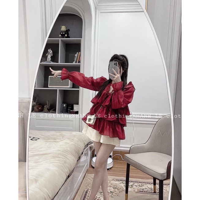 Sét áo đỏ bèo phối quần tacta be phồng siêu xinh