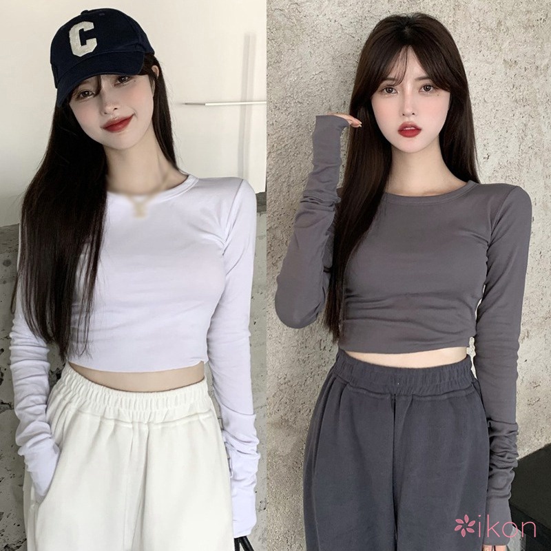 Áo Croptop Tay Dài Cổ Tròn Dáng Ôm Thời Trang Cho Nữ