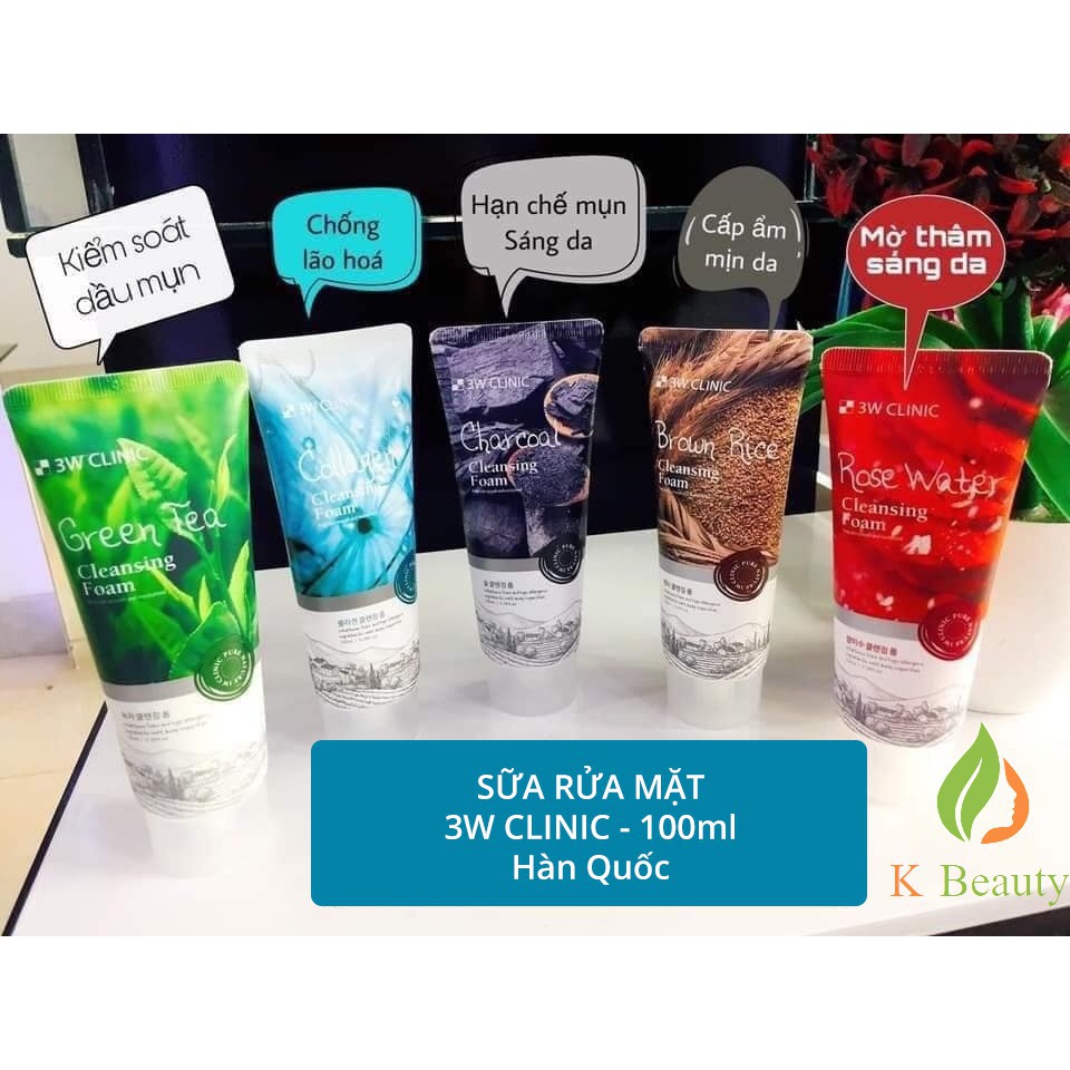Sữa rửa mặt 3W Clinic Trà xanh - 3W Clinic Green Tea Cleansing Foam - 100ml Hàn Quốc [Chính Hãng - Có Tem]