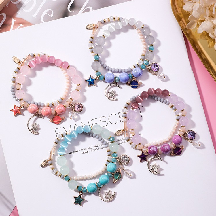 XiaoboACC Set 2 Vòng Tay Đính Phụ Kiện Hình Ngôi Sao / Mặt Trăng Phong Cách Thời Trang Cho Nữ