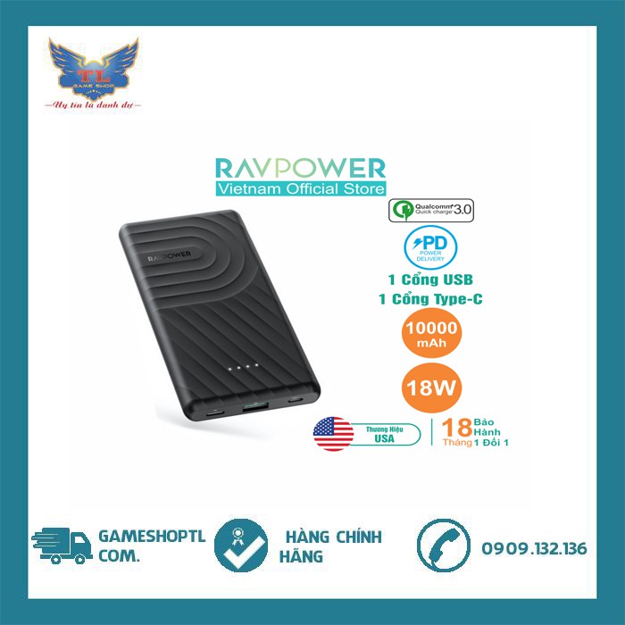 Pin Sạc Dự Phòng RAVPower 10000mAh In/Out TypeC PD 18W, Quick Charge 3.0 RPPB195