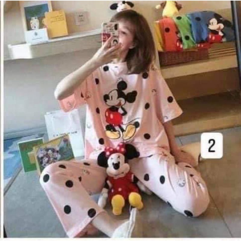 Set bộ Thái mặc nhà thun cotton hình MICKEY, gấu vàng quần dài áo cổ tròn tay ngắn