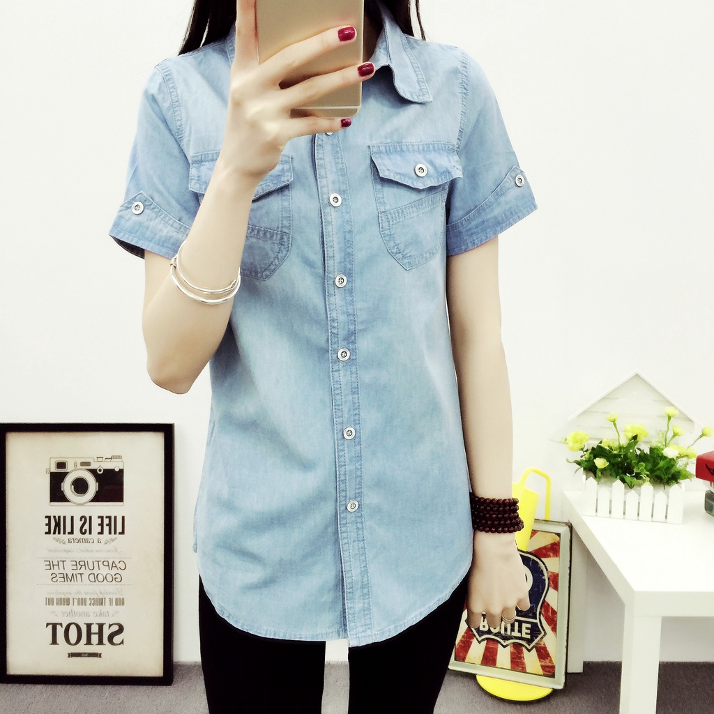 Áo Sơ Mi Denim Tay Ngắn Dáng Ôm Phong Cách Hàn Quốc Thời Trang Cho Nữ