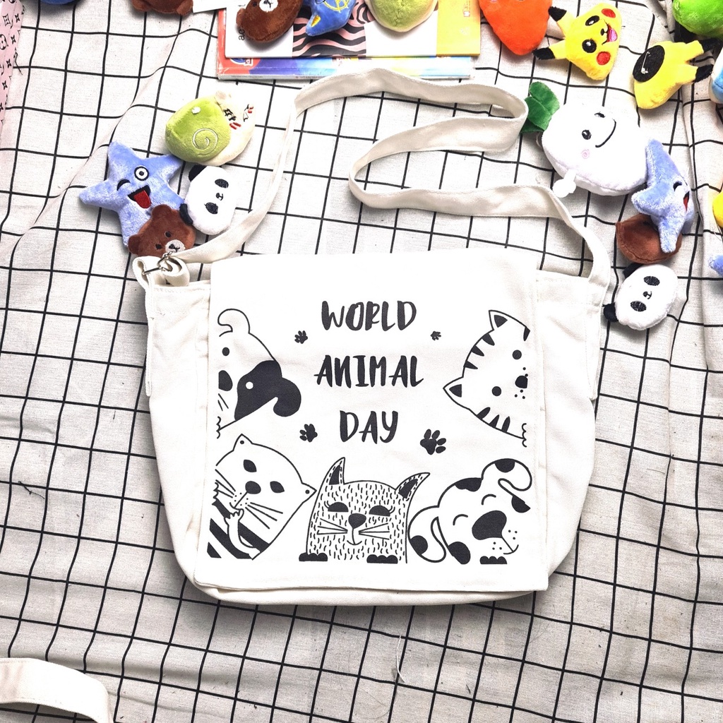 Túi đeo chéo nữ cao cấp WORLD ANIMAL DAY chất vải canvas phong cách UNISEX đi học đi chơi đều đẹp.