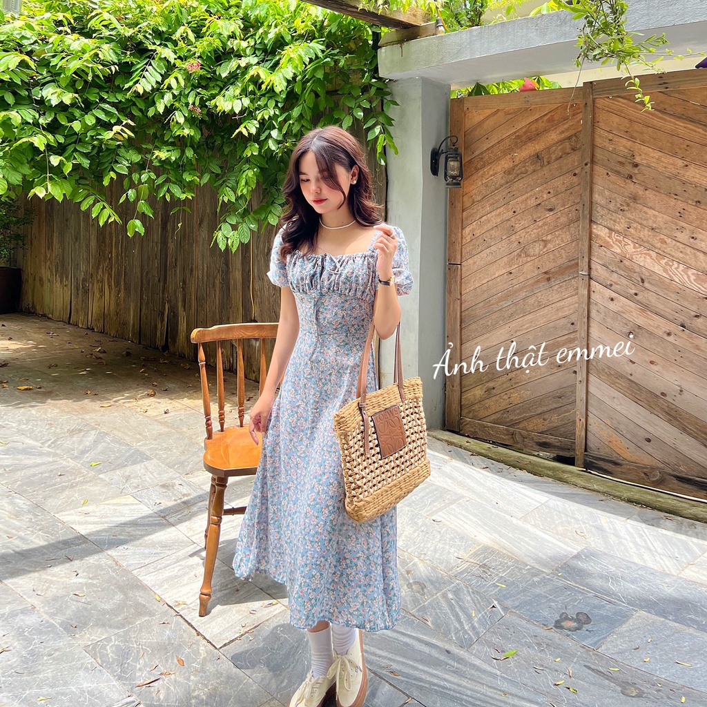 Đầm hoa nhí dáng dài 2 lớp tay phồng thắt nơ ngực tiểu thư vintage Emmei - v154