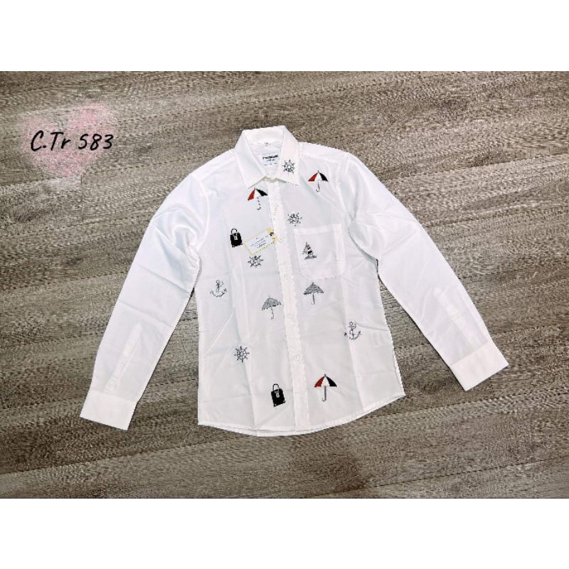 Sơ mi trắng thome dài tay họa tiết trước 019
