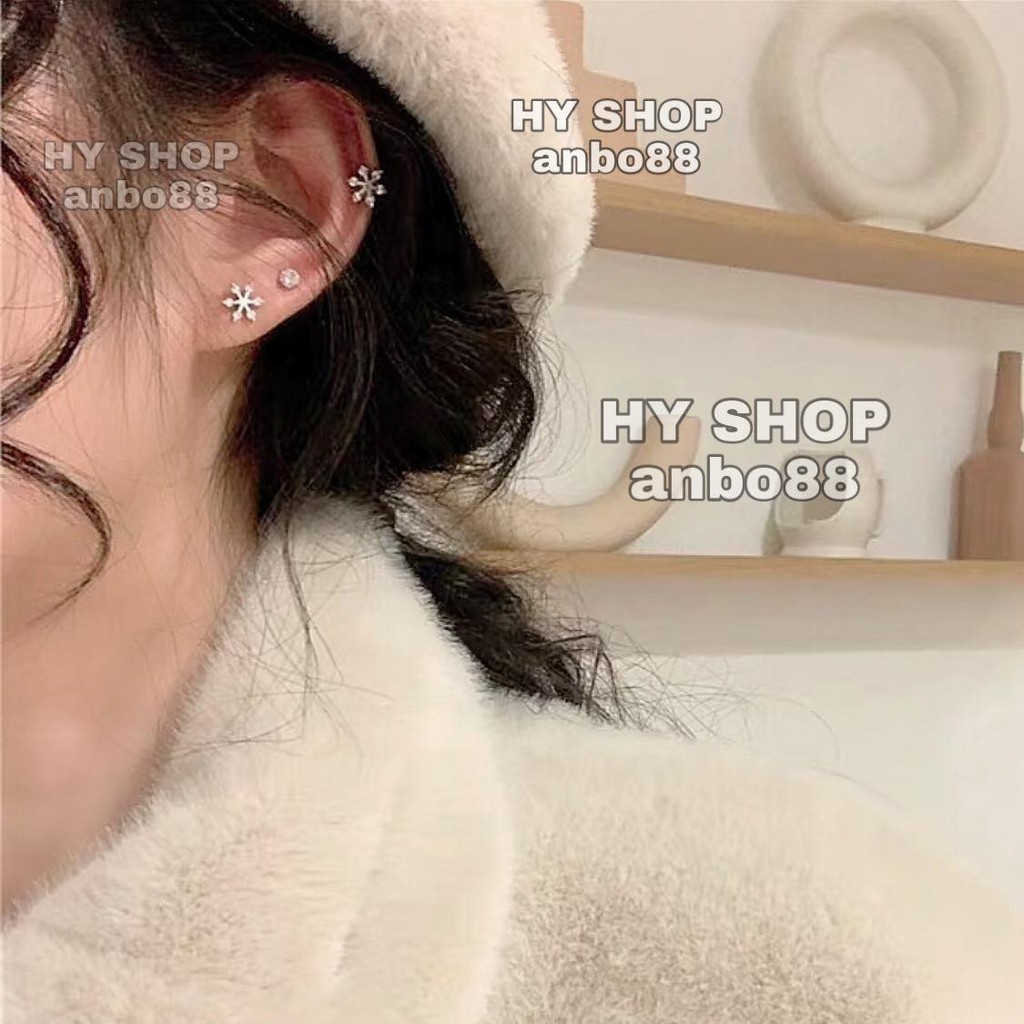 Bông tai khuyên tai titan hoa tuyết đính kim siêu bền không dị ứng không gỉ không đen khuyên tai unisex