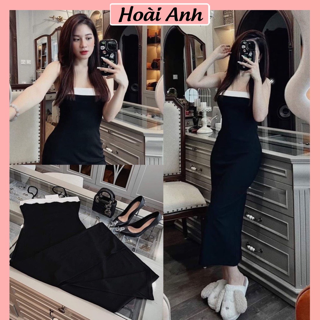 Đầm Maxi 2 Dây Phối Cổ Trắng Váy 2 Dây Dáng Dài Sexy Ôm Body Co Giãn Freesize