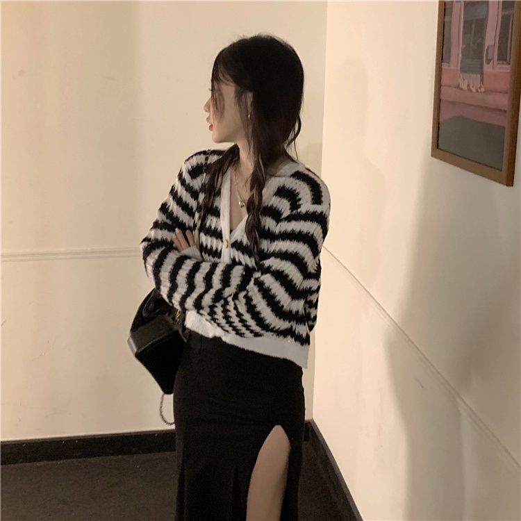 Áo cardigan ZHELIHANGFEI dệt kim tay dài lưng cao kẻ sọc thời trang sang trọng