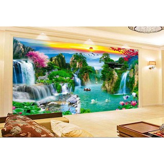 Tranh dán tường 3D thác nước - vải lụa - kích thước theo yêu cầu