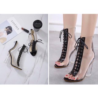 Giày boot cổ cao cột dây trong suốt ĐEN
