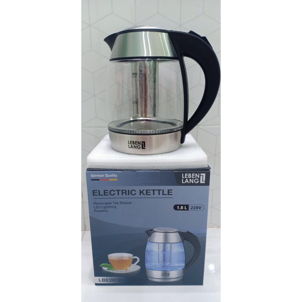 Ấm đun nước siêu tốc🔥🔥🔥❣️bình đun thủy tinh, có lọc inox, Lebenlang 1,8L LBE2819