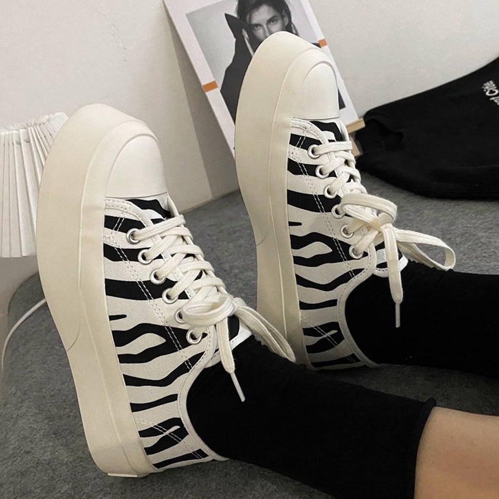 Giày thể thao nữ Ulzzang bò sữa đế bằng bánh mì vải mềm màu đen trắng năng động trẻ trung hot trend đẹp