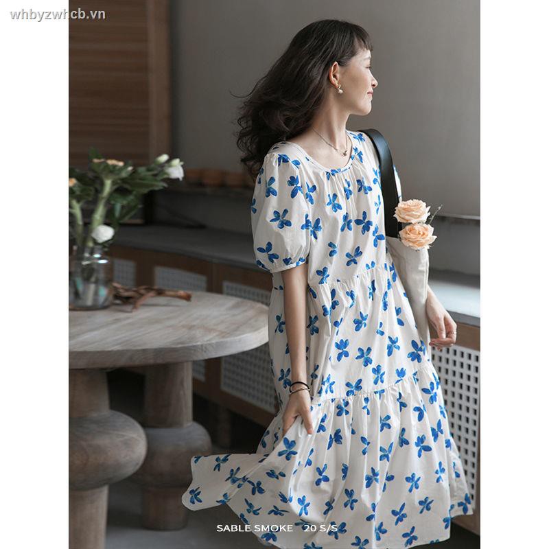 Đầm Xòe Tay Phồng In Họa Tiết Hoa Trắng Xanh Phong Cách Vintage 2021 (1St) | BigBuy360 - bigbuy360.vn