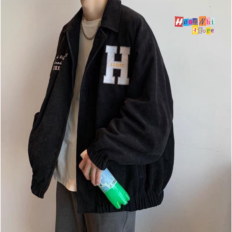 Áo Khoác Bomber Nhung Tăm Thêu Chữ H Dây Kéo Dáng Rộng Nam Nữ Ulzzang Unisex - MM