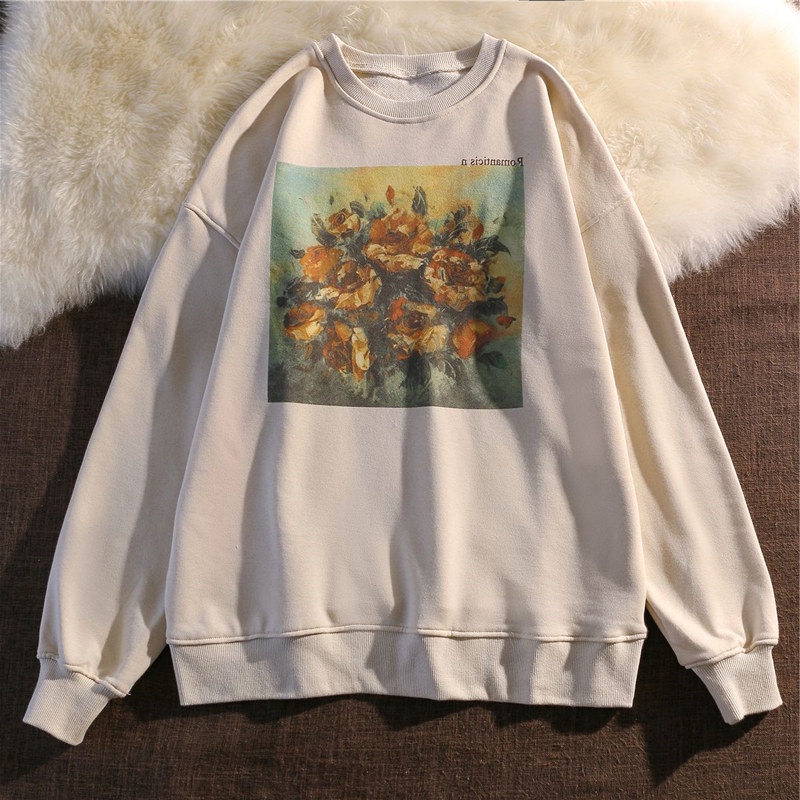 Porozi  Áo Sweater Tay Dài Lót Nhung In Họa Tiết Phong Cách Retro Hàn Quốc