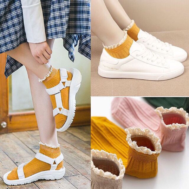 Tất nữ cổ ngắn vintage nhún bèo phong cách Hàn Quốc xinh xắn dễ thương nhiều màu
