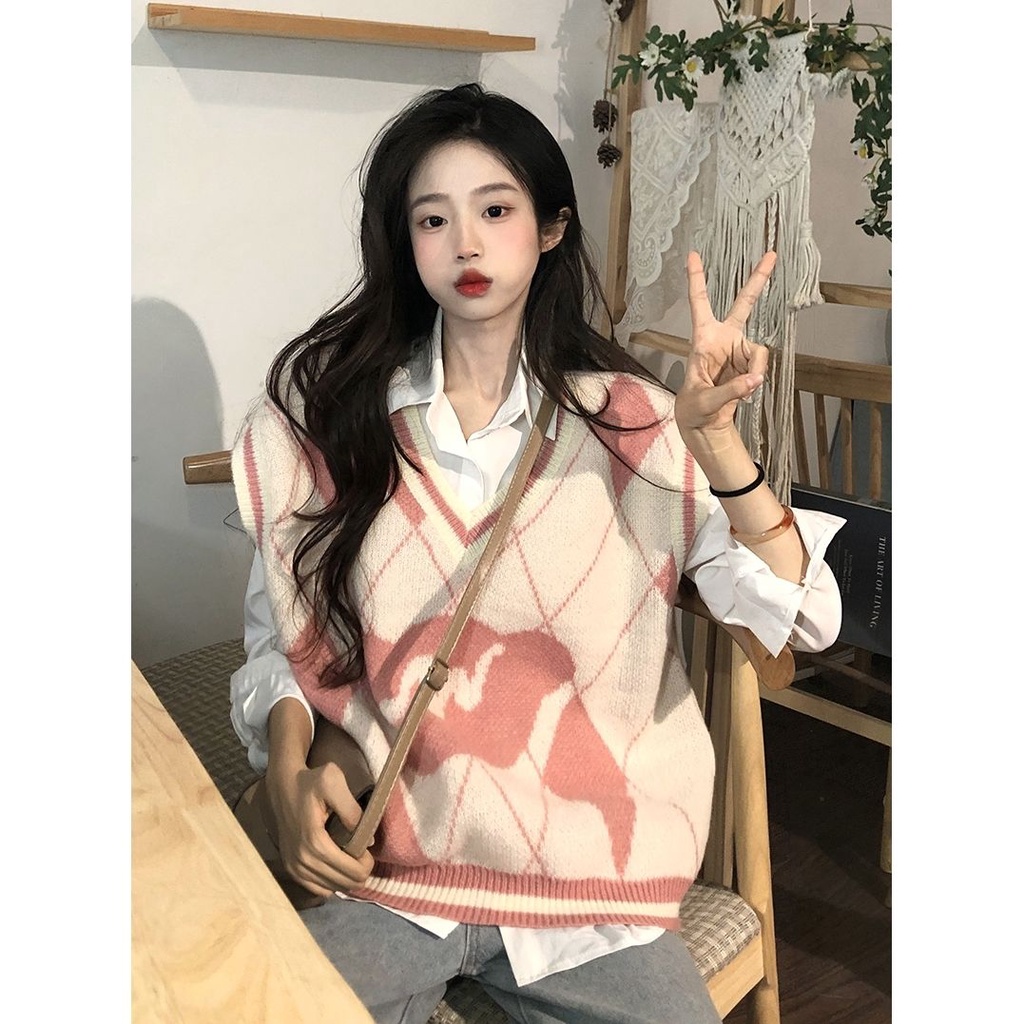 Set Áo Sơ Mi Cổ Polo + Áo Khoác Ghi Lê Dệt Kim Họa Tiết Gấu Hồng Dễ Thương Phong Cách Hàn Quốc Thời Trang Cho Nữ