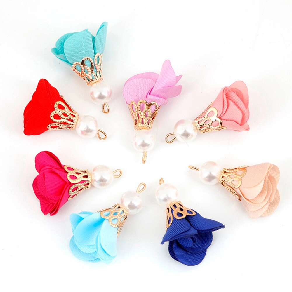 Set 10 mặt charm ngọc trai cánh hoa lụa satin 30mm làm trang sức DIY / trang trí điện thoại