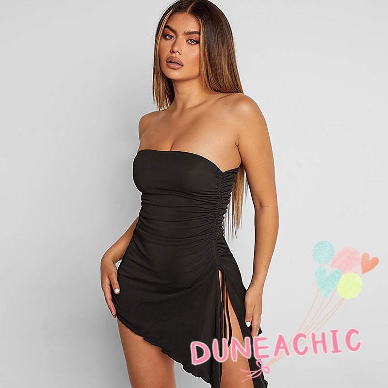 DUNEA Đầm trễ vai phối dây rút xẻ tà quyến rũ thời trang dành cho nữ