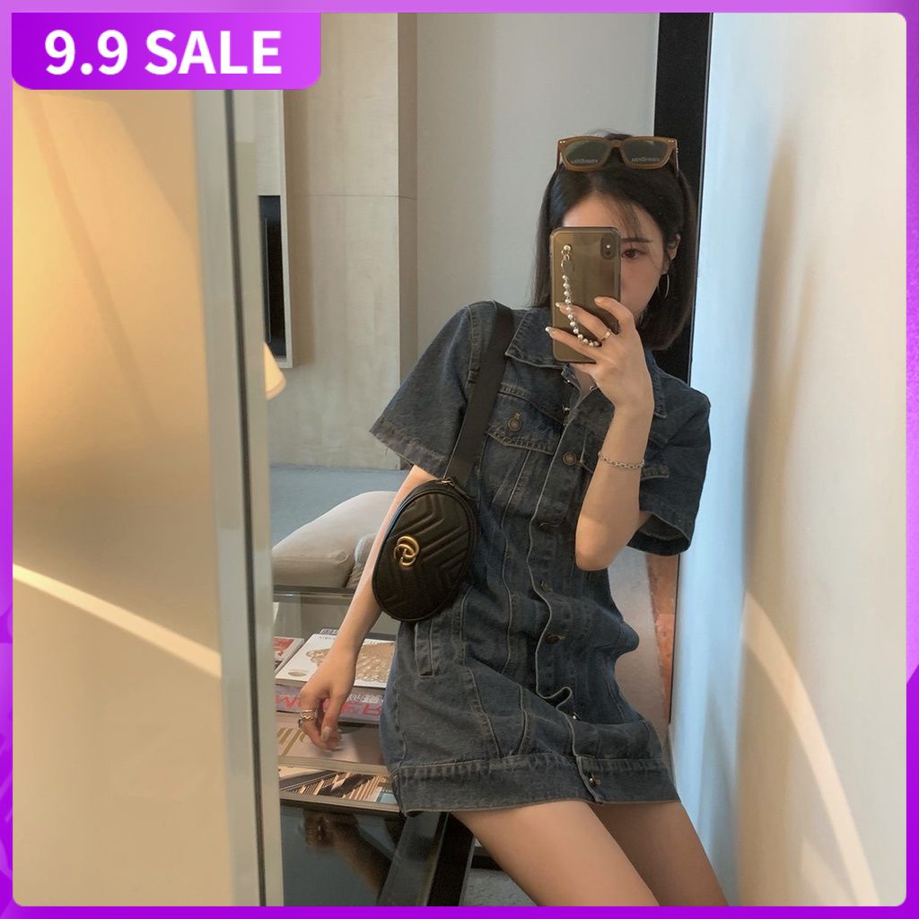 Đầm denim chiết eo thời trang mùa hè mới dành cho nữ 2021