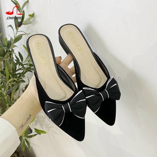 Sẵn hàng Sục nhung nơ vải -gót 3cm mũi nhọn( sục nơ viền trắng)