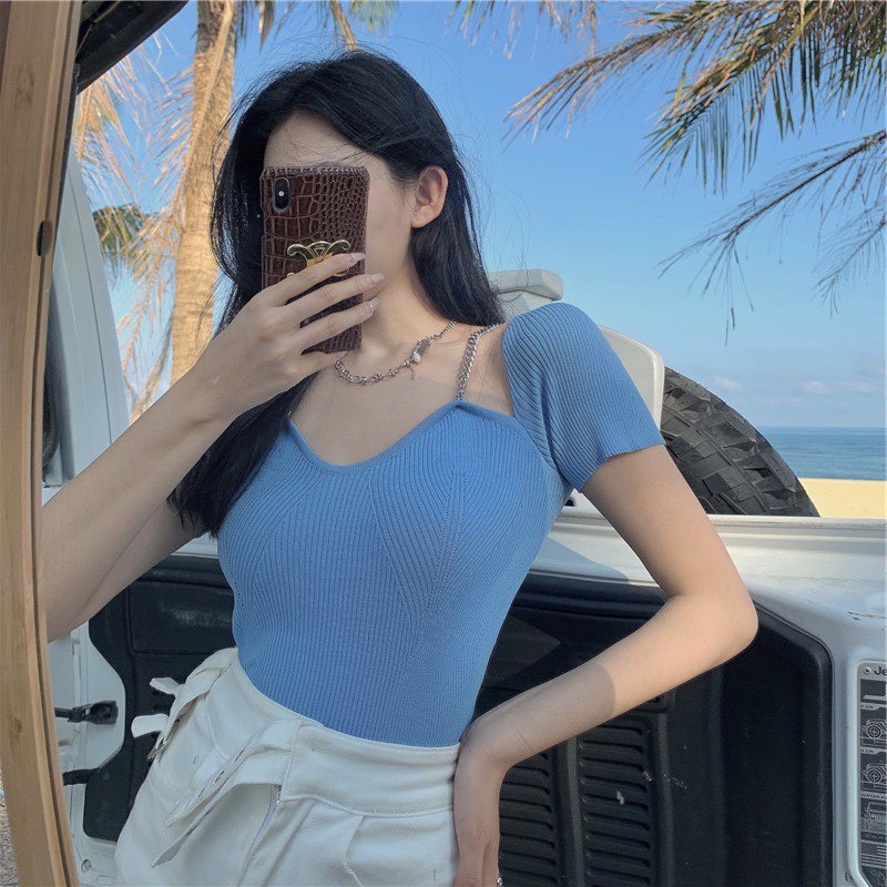 [ÁO DỆT KIM] Áo Len Nữ Mỏng Ôm Dáng, Áo Tăm Dây Xích Cổ V Tay Ngắn | BigBuy360 - bigbuy360.vn