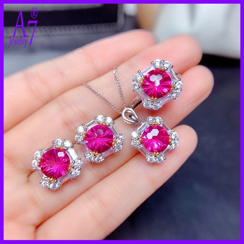 Set Vòng cổ + đôi khuyên tai + nhẫn đính đá Topaz màu hồng thời trang cho nữ