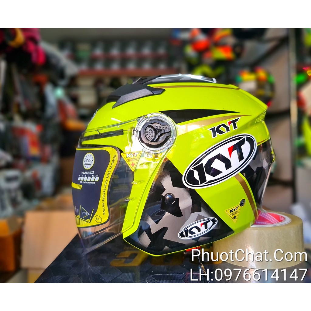 Combo Nón bảo hiểm 3/4 2 kính M268 dán tem logo KYT
