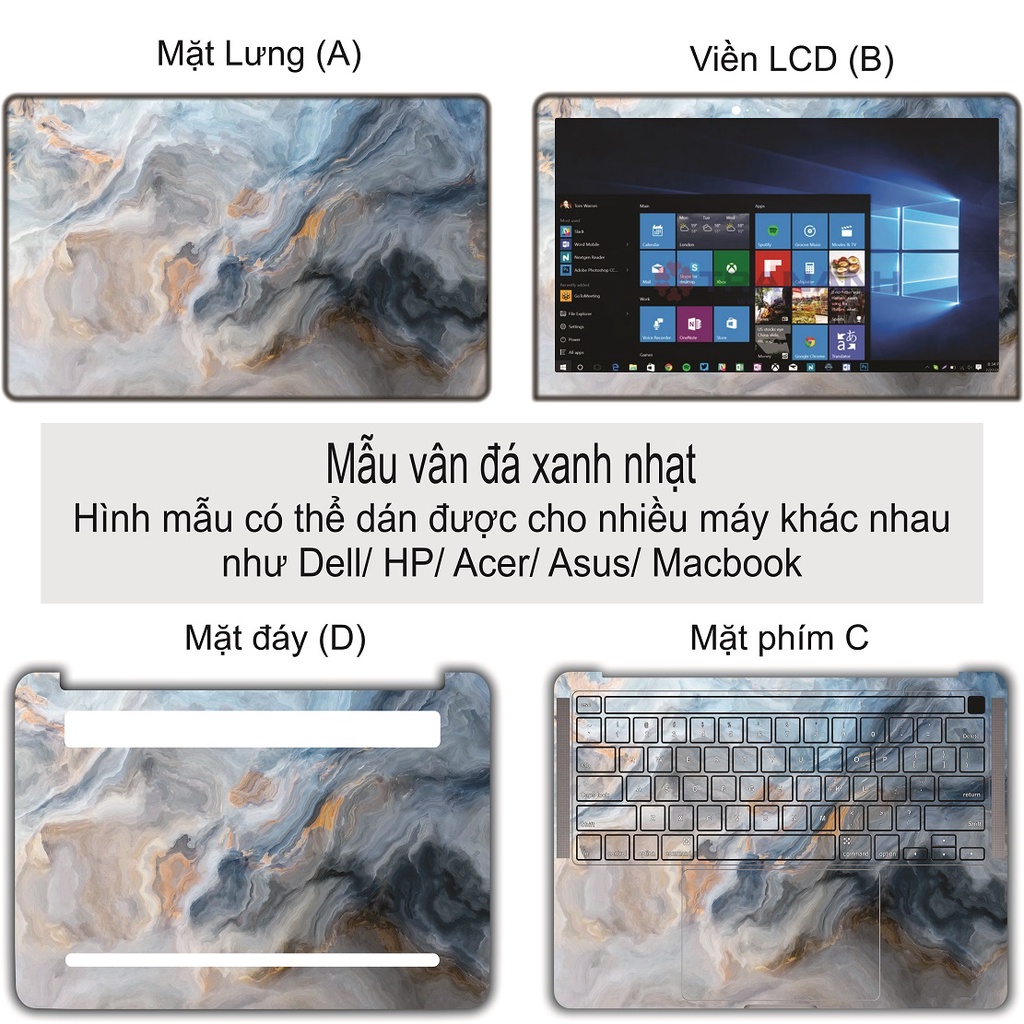 Miếng Dán Laptop - Mẫu vân đá xanh cao cấp - Dán cho Dell, Hp, Asus, Lenovo, Acer, MSI, Surface,Vaio, Macbook