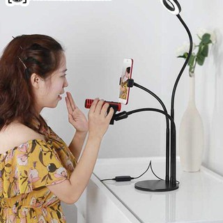 Bộ đèn hộ trợ livestream 3 in 1 có đèn kèm kẹp điện thoại, micro