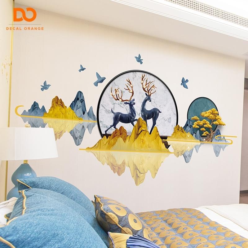 Decal dán tường 3D sơn thủy hươu trang trí phòng ngủ phòng khách phòng làm việc