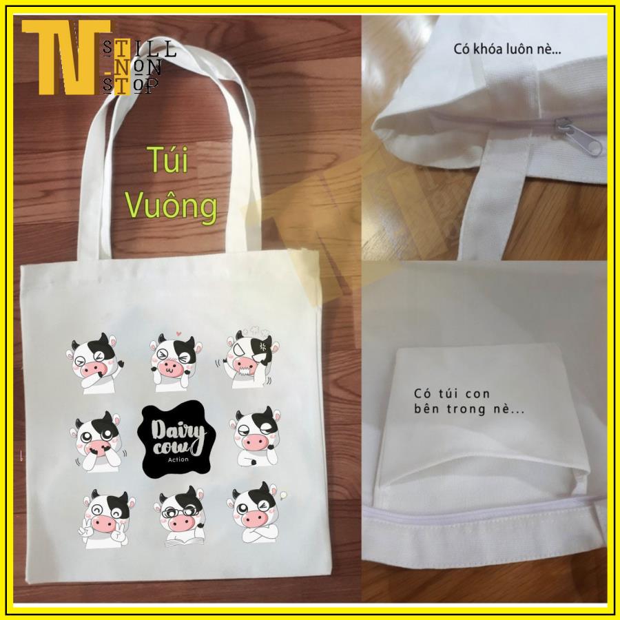 TÚI VẢI, TÚI TOTE ĐEO VAI ULZZANG HÌNH BÒ SỮA , CHẤT VÃI CANVAS XUONGMAITNT - BS01