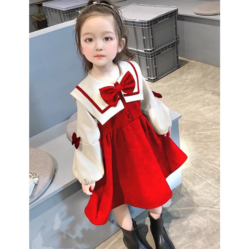 Váy nhung dài tay đính nơ tay cho bé gái từ 12-24kg