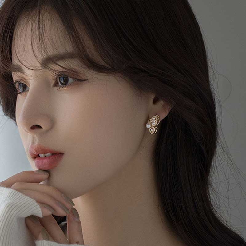 XiaoboACC Hoa Tai Họa Tiết Bươm Bướm Đính Ngọc Trai Zircon Thời Trang Hàn Quốc Đơn Giản