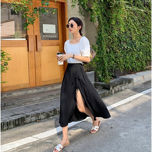 Chân váy ulzzang xẻ tà thắt nơ cạp chun,chân váy nữ xẻ tà dáng dài ulzzang | BigBuy360 - bigbuy360.vn