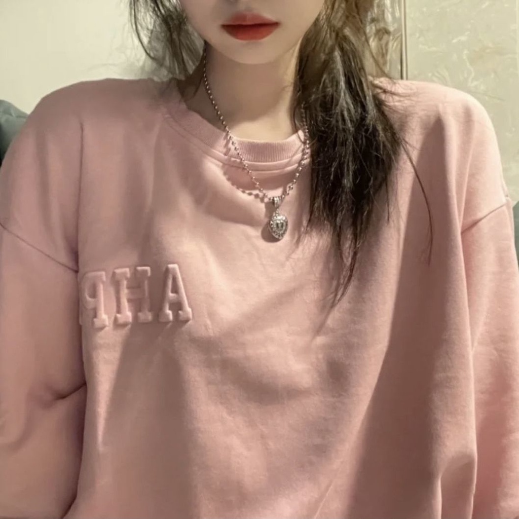 Phụ Nữ Nhỏ Nhắn [Chữ Lõm] Áo Sweater Cổ Tròn Nhỏ Màu Hồng Phong Cách Harajuku BF