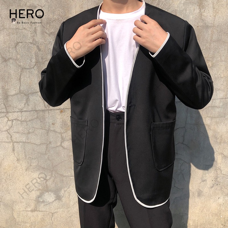 COMBO Set Blazer Nam Form Rộng Phối Viền Trắng  Quần Âu Ống Suông Phong Cách Công Sở, Thanh Lịch Set03 Thời Trang HERO